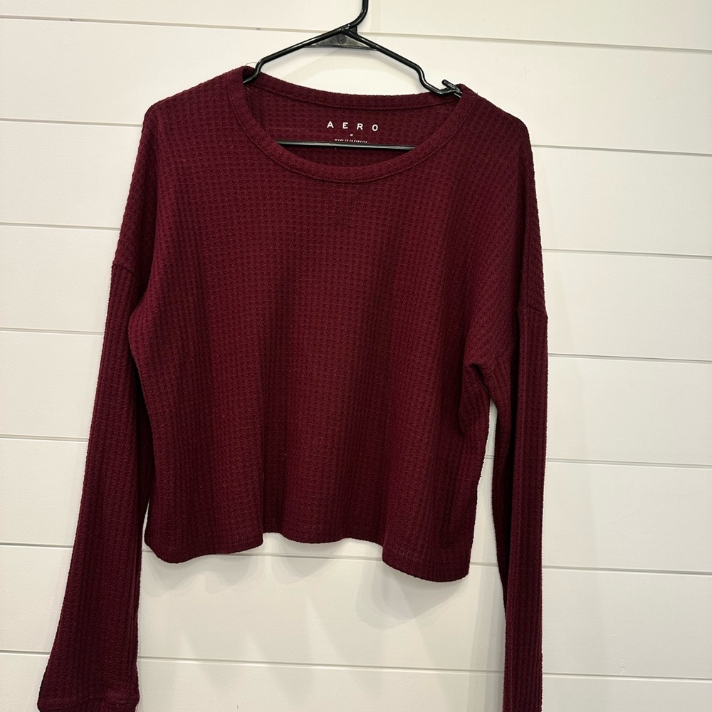 Aero Women's Wine Long Sleeve Waffle Knit Top